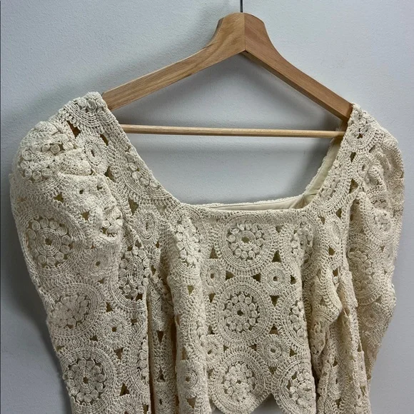 Zara Crochet Lace Crop Top Cream Cropped Womens Medium Victorian Cottagecore - Picture 3 of 8